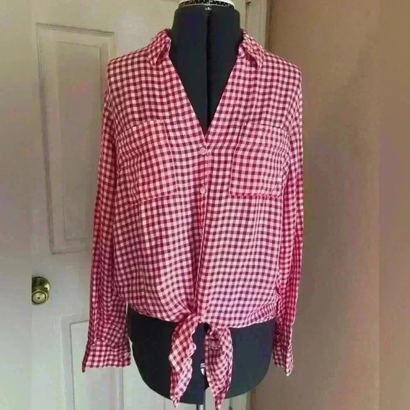 Jones white bright pink fuschia long sleeve plaid top front tie sleeve roll up - Picture 1 of 6